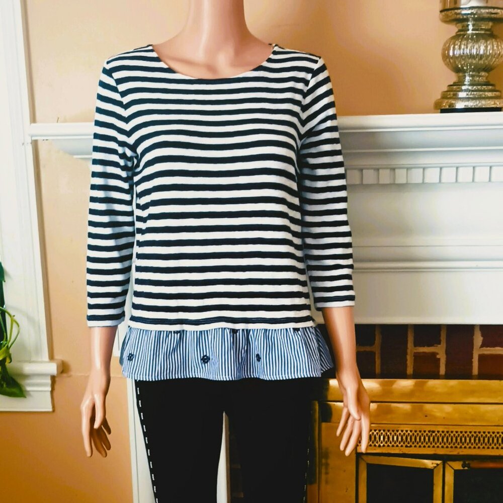 Talbots Blue & White Nautical Top S Stripe Ruffle Hem 3/4 Sleeve Stretch Blouse